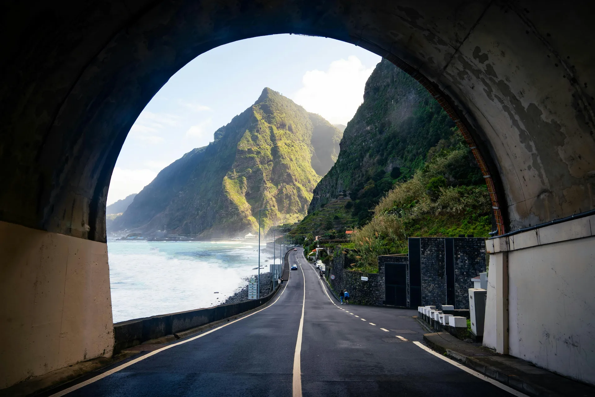 Coastal road through a tunnel in Madeira, Portugal